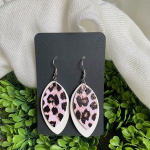 Faux Leather Leopard/Off White Leaf Drop Earrings